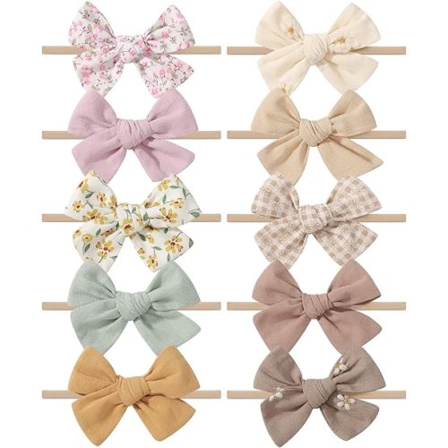 doboi 10PCS Baby Girls Headbands Hair Bows Nylon Cotton Linen Hairbands Fine Handmade Hair Accessories for Newborn Infant Toddlers Little Girls-Embroidered Flower