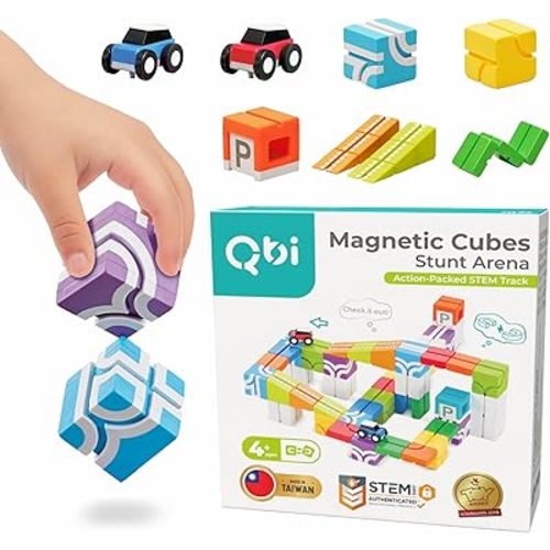 QBI Magnetic Building Blocks Car Track Set, 46PCS STEM Learning Toys for Kids Ages 4-8, Sensory Magnetic Blocks with 2 Push-and-go Cars | Educational Montessori Magnet Cubes for Boys & Girls