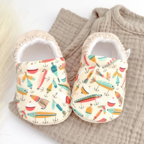 FISHING baby booties, slippers, crib shoes, soft sole, moccasins, baby shoes