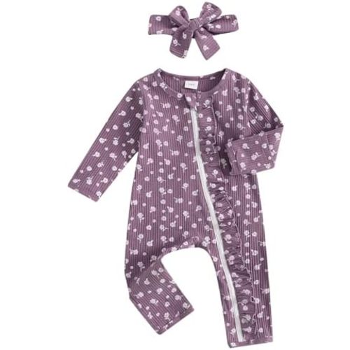 Newborn Outfits Baby Girl Floral Print Ruffle Romper Jumpsuit Long Sleeve Zipper Bodysuit Fall Winter Clothes
