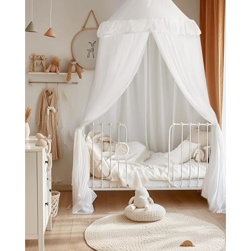 Large Bed Canopy with Star Lights, Double Layer Canopy for Bed, Princess Play Tent for Girls Room, Breathable Canopy Bed Curtain for Children Reading Nook, Machine Washable Canopy, 40''x106'', White