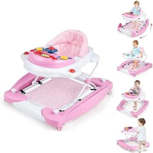 BABY JOY 6-in-1 Baby Walker, Baby Walker with Wheels, Adjustable Height, Music, Lights, Rocker Mode, Baby Activity Walker, Baby Walker and Bouncer Combo, Baby Walker for Boys Girls 6-18 Months (Pink)