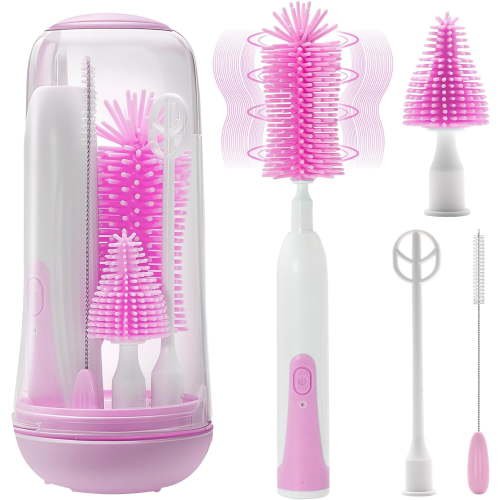 Electric Bottle Brush Cleaner, Rechargable Electric Baby Bottle Brush for Travel, Waterproof Electric Bottle Cleaner Set with Nipple & Straw Brush, Perfect Essentials Gift for Mom After Birth, Purple