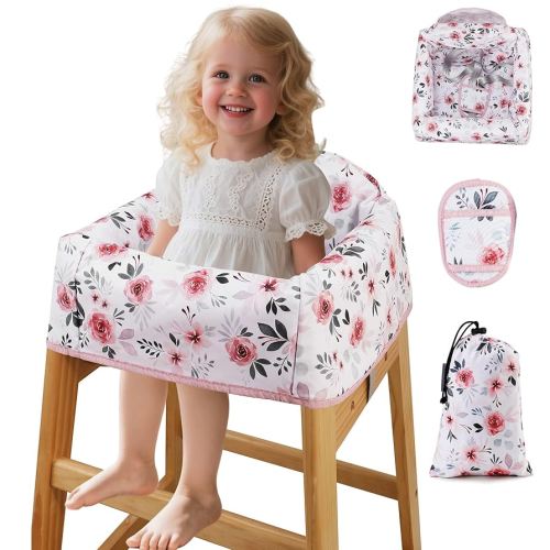Baby High Chair Cover Restaurant with Strap Pads & 3-Point Harness, Machine Washable, Waterproof Portable Highchair Covers for Eating, Travel, Home Use - Fits Wooden Chairs, Pink Flowers