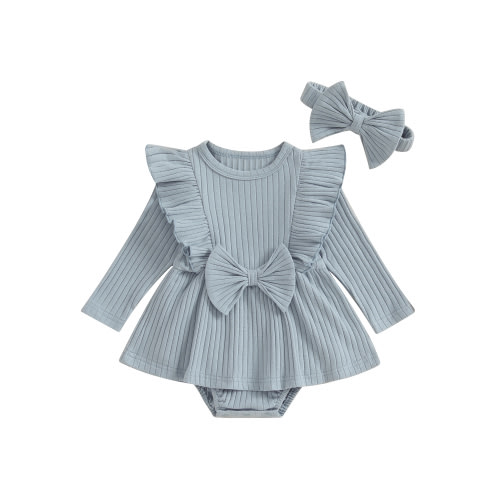 Lieserram Newborn Baby Girl Romper Dresses, 0 3 6 9 12 18 Months Long Sleeve Solid Color Crew Neck Bow A-line Skirt Bodysuit with Headband Clothes