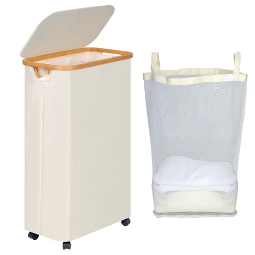 efluky Slim Laundry Basket with Wheels, Narrow Rolling Laundry Hamper with Lid and Removable Bag, Tall Aesthetic Dirty Clothes Hamper on Wheels for Laundry Room, Bedroom, Dorm and Bathroom, 75L Beige