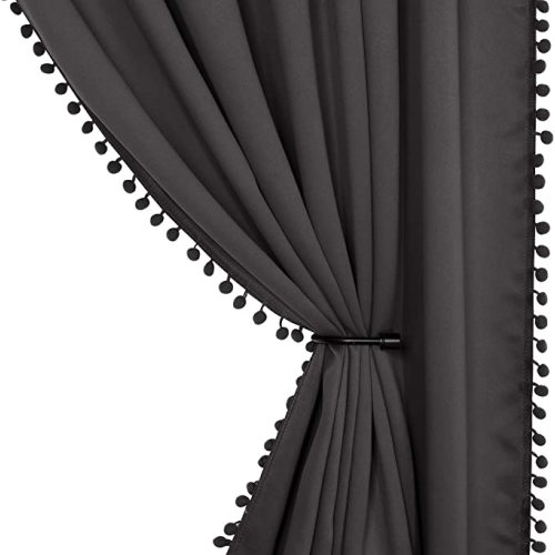 LORDTEX Pom Pom Blackout Curtains for Bedroom - Thermal Insulated Curtains, Sun Light Blocking Rod/Pole Pocket Window Drapes for Living Room, 52 x 95 inch, Dark Grey, Set of 2 Panels