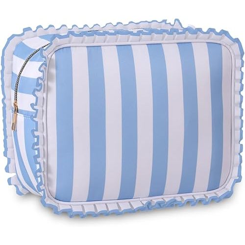 Stripe Ruffle Makeup Bag,Large Travel Cute Cosmetic Bag for Women Girls,Toiletry Bag Make up Organizer 10.8 x 4.5 x 8 inch (Blue Stripe)