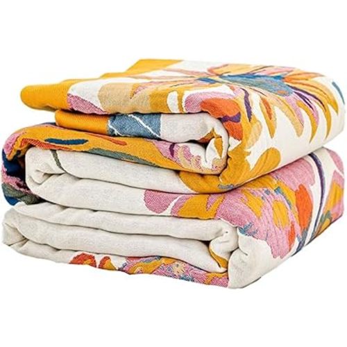 XIBLC Boho Throw Blanket, 100% Cotton Ultra Soft Luxury Throw Rustic Quilt, 50"x60" Floral Bird Butterfly Farmhouse Decor Bed Blankets, All Season Rustic Reversible Bohemian Throw for Bed - Yellow