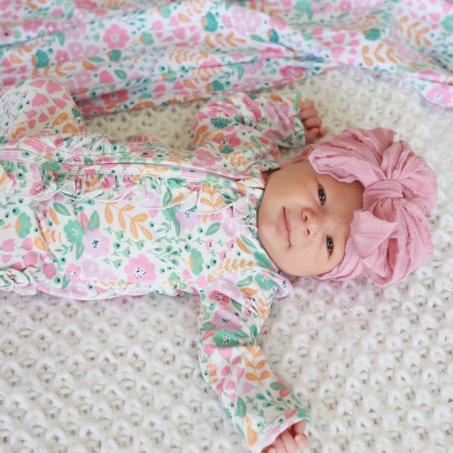 6- 9 months Willow's Whimsy Floral Ruffle Zipper Footie
