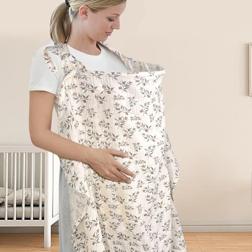 UHINOOS Muslin Nursing Cover for Mom Breastfeeding, Baby Privacy Nursing Covers Up Breathable Cotton with Ajustable Hoop for Mother(Leaf)