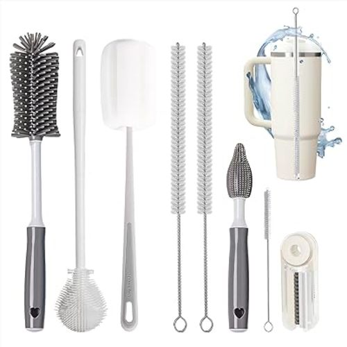 8Pcs Water Bottle Cleaner Brush - Multipurpose Cup Cleaner Kit with Long Nylon Straw Brush Long Handle Silicone Bottles Cleaning for Tumbler, Sports Water Bottle, Wine Glass