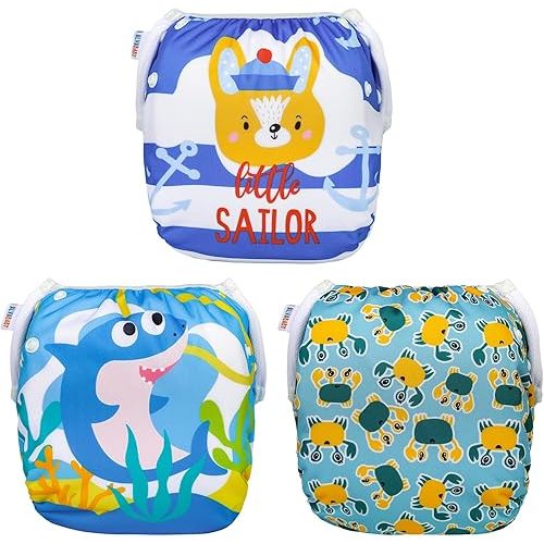 ALVABABY Cloth Swim Diaper 3pcs Baby Snap Reusable Adjustable Swimming Diaper Baby Boy and Girl 3SWY45