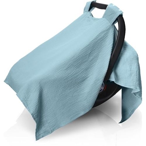 Muslin Baby Car Seat Cover 100% Organic Muslin Carseat Canopy Covers Breathable & Lightweight Infant Carseat Cover for Babies Boys and Girls (Light Green)