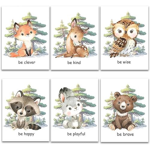 6Pcs Cute Animal Posters,Baby Forest Animal Wall Art,Wildlife Woodland Nursery Art Canvas picture,Kids Art Prints Bear Deer Fox Pictures for Bedroom Animal Wall Decor 08x10 in Unframed