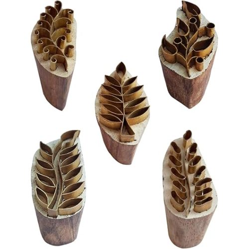 Royal Kraft Leaf Brass Wooden Stamps (Set of 5) for Block Printing on Clay, Pottery, Fabric BHtag0070