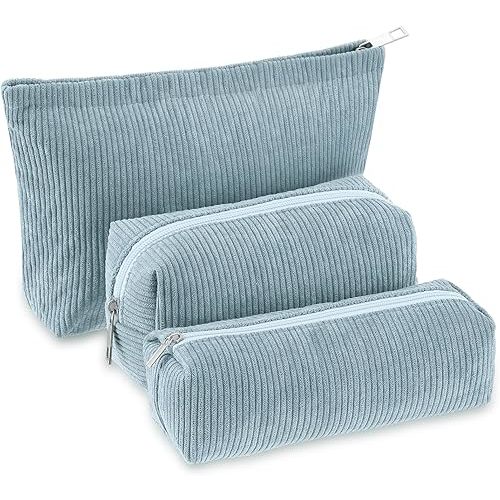 3 Pcs Makeup Bag Set for Women Corduroy Cosmetic Pouch Aesthetic Smile Travel Toiletry Bag Cute Purse Pouch Pencil Case Makeup Brushes Storage Organizer with Zipper(Blue,Solid Style)