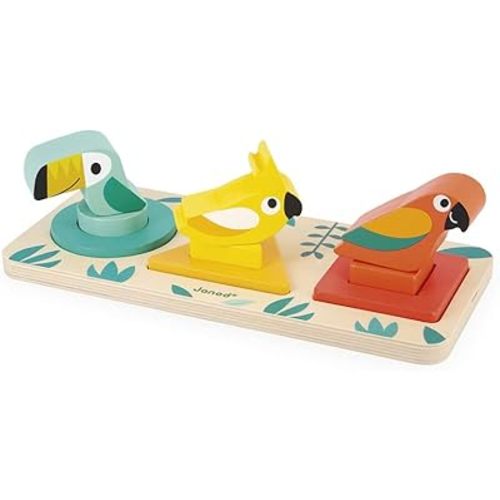 Janod - Tropik My First Shapes: Wooden Educational Toy - 9 Slot-in Shapes, Water-Based Paint - Ages 1+