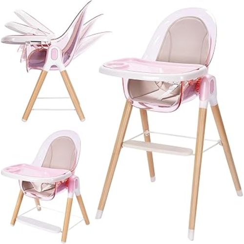 Baby High Chair, 6-in-1 Convertible Wooden High Chair, Recline Chair with Adjustable Hardwood Leg, High Chairs for Babies and Toddlers, Double Dishwasher Safe Tray & Premium Leatherette