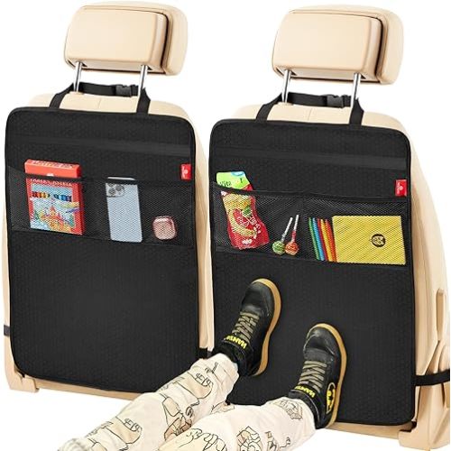 Helteko Back Seat Protector for Car, 2 Pack Premium Kick Mats for Kids, Extra Large Car Seat Cover for Backseat with Mesh Pockets, Waterproof Dirt & Mud Protection, Black