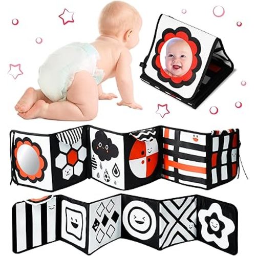 Black and White Baby Toys – High Contrast Soft Book with Mirror, Crinkle Sensory Tummy Time Toy for Newborns 0-3 3-6 6-12 Months, Montessori Infant Toys, Shower Gift