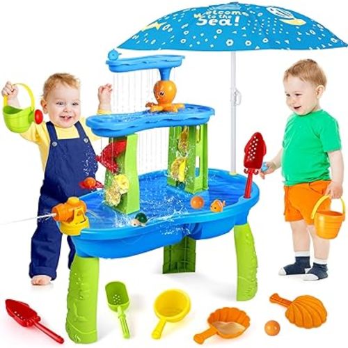 SUPER JOY Water Table for Toddlers 3-5, 3-Tier Kids Water Table with Umbrella, Kids Activity Table Outdoor Toys Water Play Table for Toddlers, Backyard Beach Water Toys for Boys Girls