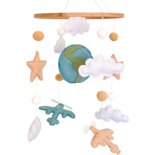 Airplane Baby Crib Mobile, Plane Mobile for Crib, Travel Nursery Decor for Boys, Neutral Vintage Baby Shower Gift, with Clouds, Stars & Globe