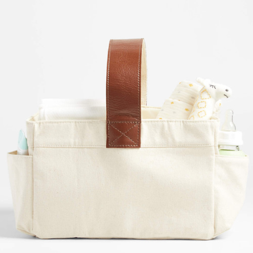 Canvas Diaper Caddy Organizer with Brown Leather Handle