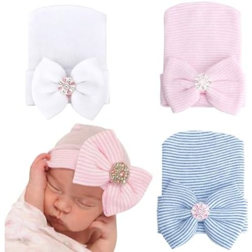 AQOKKA Newborn Baby Girl Hats with Bow No Scratch Cotton Toddler Infant Beanie Caps Soft Newborn Hospital Hat 0-3 Months