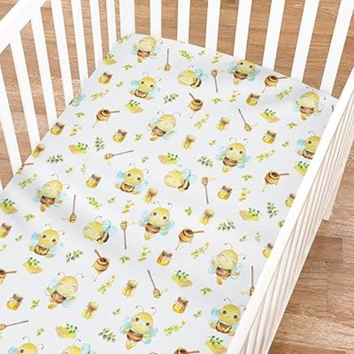 Cartoon Bees Boho Leaves Honey Baby Crib Sheets for Boy and Girl 52"x28" Bees Retro Floral Crib Mattress Sheet Soft Breathable Baby Bed Sheets for Standard Crib and Toddler Mattresses