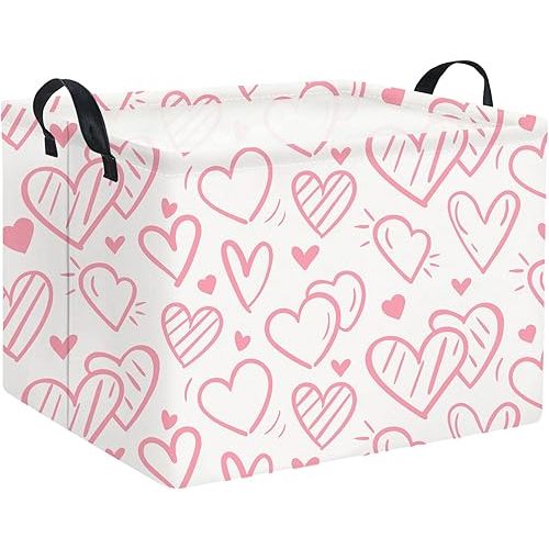 HIYAGON Rectangular Pink Basket Kids Baby Storage Bin Toy Basket Organizer Box for Girls Love Room Decor(Pink Striped Heart)
