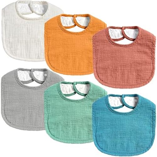 Muslin Baby Drool Bibs for Boys & Girls, 6 Pack Dual Usage Baby Bibs for Drooling and Teething with Hidden Pocket, Soft Cotton, Extra Absorbent, Mess-proof, for Toddler, Newborn, Infant