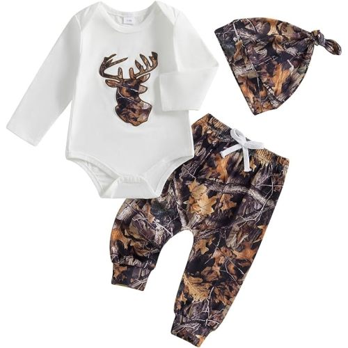 Newborn Baby Boy Hunting Outfit Deer Mallard Duck Romper Jungle Camo Pants Set Hat 3 Piece Fall Winter Clothes