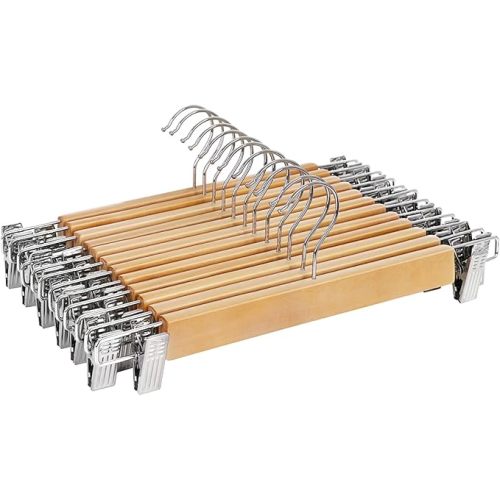 SONGMICS Wooden Pants Hangers 8 Pack, Pants Hangers with Adjustable Anti-Rust Metal Clips, 360° Swivel Hook, Skirt Hangers for Pant, Skirts, Natural Grain UCRW008-8
