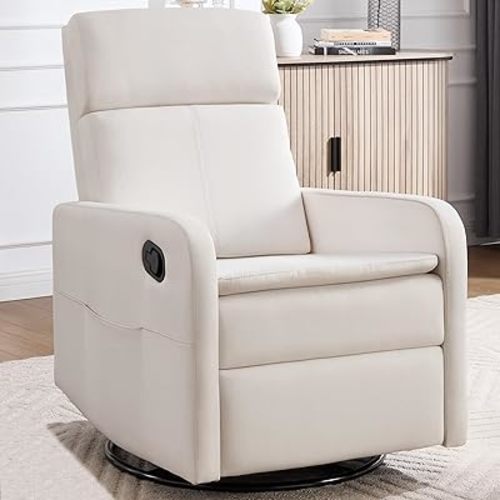 Swivel Rocking Recliner Chair for Adults, Rocker Nursery Glider Chair for Living Room Bedroom, Upholstered Fabric Reclining Single Sofa Chair(Beige)