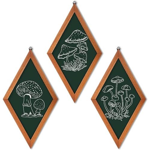 3 Pcs Mushroom Art Wall Decor 70s Home Vintage Aesthetic Boho Farmhouse Whimsical Home Decor Wood Diamond Frame Flower Hanging Wall Frame for Apartment Bedroom Office(Dark Green, Mushroom)