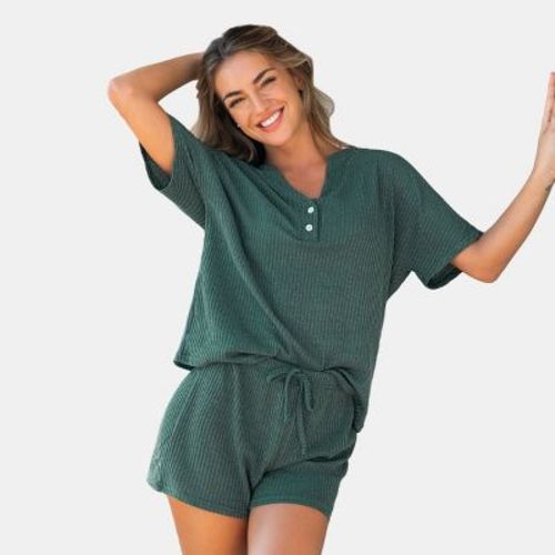 Women's Soft Green Ribbed Henley & Shorts Pajama Set - Cupshe-l-green