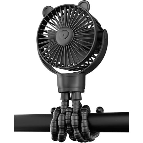 Portable Stroller Mini Fan, Small Rechargeable Personal Fan, Baby Travel Essentials for Wagon, Car Seat, Treadmill, Battery Powered Biking Gear Accessories, 360° Rotation, 3-Speed, Display, Black