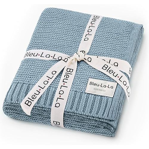 Organic Cotton Knit Receiving Blanket for Boys - 100% Luxury Soft Organic Cotton - Warm Cozy Swaddle Cuddle Stroller Crib Blanket for Newborns Infants & Toddlers (0-2Yrs - Sky Blue)