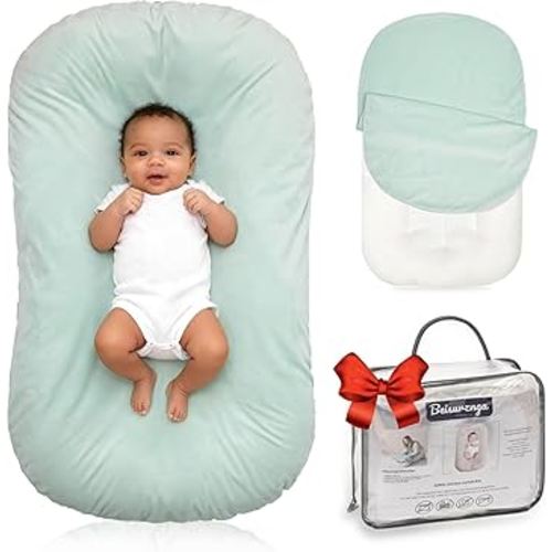 Baby Lounger for Newborn - Snuggle Cozy Me Lounger | Breathable Soft Cotton, 0-24 Months Portable Playtime Baby Nest, Newborn Baby Essentials Gifts - Lake Green(1 Lounger + 1 Cover)