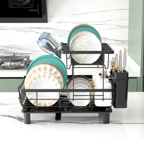 HONGGE Black 2 Tier Dish Drying Rack with Drainboard Stainless Steel Large Capacity Kitchen Organizer with Utensil Holder and Swivel Spout
