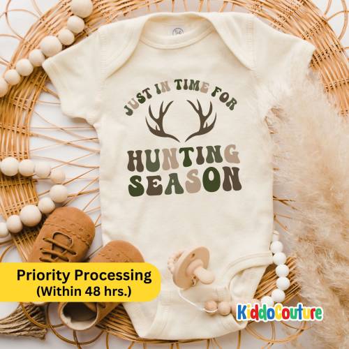Just In Time For Hunting Season Baby Onesie®, Baby Hunting Body Suit, Retro Hunting Baby Onesie, Camo Hunting Baby Onesie®, KC-LAS7