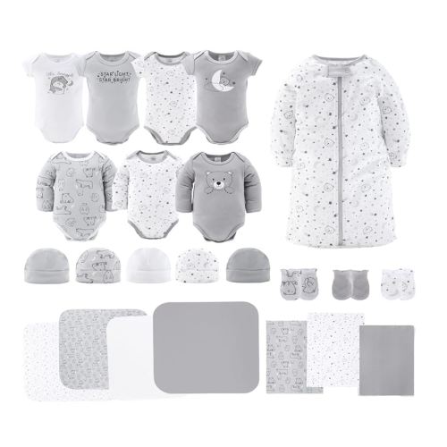 The Peanutshell Baby Layette Gift Set for Baby Girls - 23 Piece New Born Girl Gift Set, Clothes & Newborn Essentials Must Haves - Girl Clothes 0-3 Months - Grey Celestial & Bear