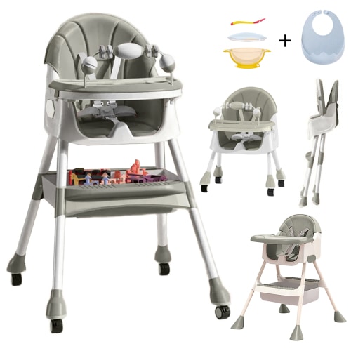 HAOUUCYIN 4-in-1 Baby High Chair Portable Dining Chairs Eat & Play with Five-Point, Double-Layer Dinner Plate and Toy Rack, 9.48 lbs, Grey