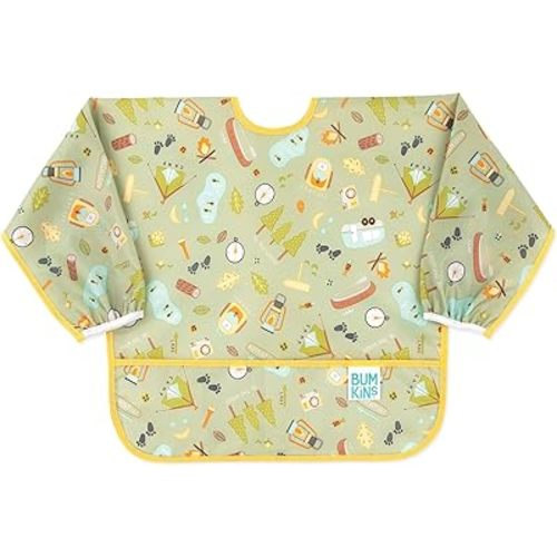 Bumkins Sleeved Bib for Girl or Boy, Baby and Toddler for 6-24 Mos, Essential Must Have for Eating, Feeding, Baby Led Weaning, Long Sleeve Mess Saving Food Catcher, Soft Fabric, Camp Gear Green