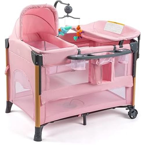JOYMOR 7 in 1 Bedside Bassinet with Changing Table, Baby Girl Bassinet, Pink Bedside Sleeper with Mattress, Sheet, Canopy, Storage Shelf and Hanging Toy