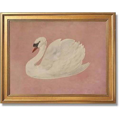 Licpach Vintage White Swan Wall Art Neutral Nature Wildlife Poster Antique Animal Canvas Print Elegant Moody Bird Painting Rustic Farmhouse Pink Wall Decor for Bedroom Bathroom 12X16inch Golden Frame