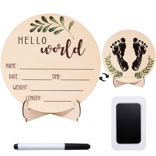 Baby Announcement Sign for Welcome Baby - Double-Sided Hello World Newborn Name Sign for Hospital with Marker and Stand, Wooden Birth Announcement Board for New Girls Nursery Gifts