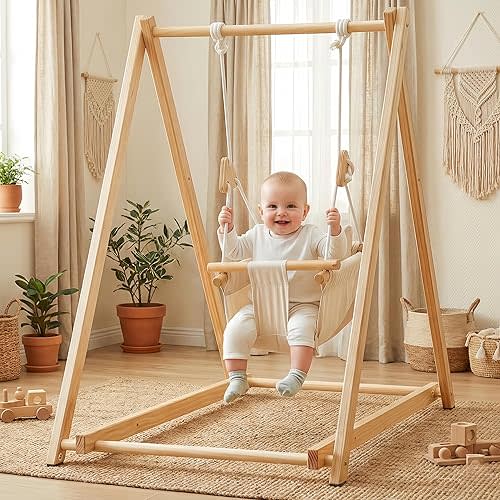 Baby Swing for Infants to Toddler - Canvas Indoor Outdoor Hanging Swing Seat with Safety Belt & Soft Cushion - Durable Wooden Hammock Chair for Nursery, Patio, Tree - Ideal