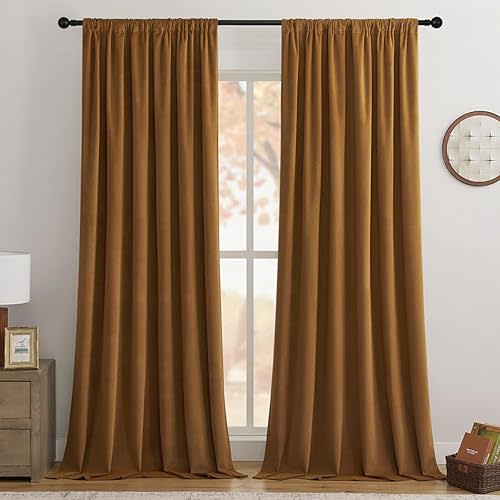 Joydeco Golden Brown 100% Blackout Curtains 84 Inch Length 2 Panels Set, Black Out Curtain for Bedroom Living Room, Heavy Luxury Thermal Insulated Velvet Curtains Rod Pocket Back Tab, 52W x 84L